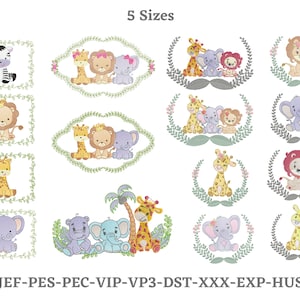 Safari World Animals Embroidery Design,  Safari World Animals in Creative Floral Frame Machine Embroidery Design, 5 Sizes, Instant download
