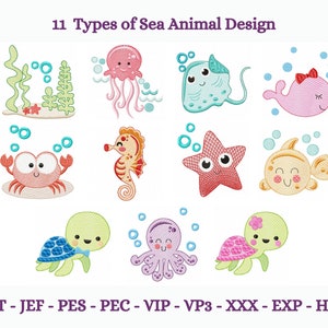 Diseño de bordado de animales marinos, lindo diseño de bordado a máquina de animales marinos de dibujos animados, patrón de bordado Tuttle, descarga instantánea