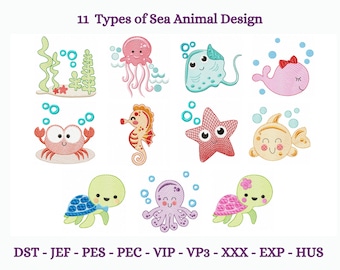 Sea Animal Embroidery Design , Cute Cartoon baby  Sea Animals Machine Embroidery Design, Tuttle embroidery pattern, Instant download