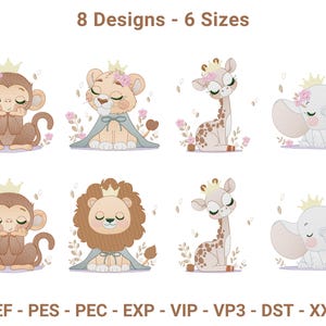 Royal Safari Animals Embroidery Design Set - 8 Cute Designs in 6 Sizes - Baby Lion, Elephant, Monkey, and Giraffe with Crown.