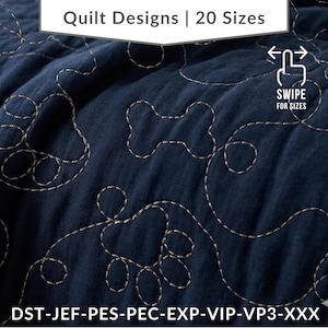 May include: Close-up of a navy blue quilt with a stitched bone and swirl pattern. The text "Quilt Designs | 20 Sizes" is at the top. The text "SWIPE FOR SIZES" is also visible. The bottom of the quilt has the text "DST-JEF-PES-PEC-EXP-VIP-VP3-XXX".