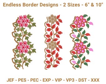 May include: Three embroidery border designs with floral and leaf patterns. The designs include pink, red, and gold flowers with green leaves. The text at the top says "Endless Border Designs - 2 Sizes - 15cm & 25cm".
