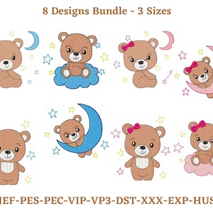 Teddy Bear embroidery designs, Cute Teddy Bear Machine Embroidery Design, Cute Teddy with moon embroidery pattern, 3 Sizes, Instant download