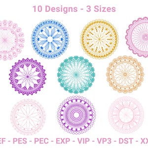 May include: A collection of ten circular designs in various colors, including pink, blue, gold, and purple, with intricate patterns. The text "10 Designs - 3 Sizes" is displayed at the top. The bottom of the image lists file formats.