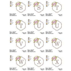May include: A set of 8 embroidery designs featuring floral wreaths with letters S, T, U, V, W, X in a geometric frame. Each design is approximately 10 cm by 10 cm.
