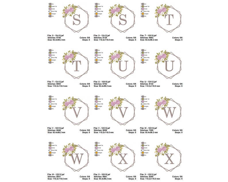 May include: A set of 8 embroidery designs featuring floral wreaths with letters S, T, U, V, W, X in a geometric frame. Each design is approximately 10 cm by 10 cm.