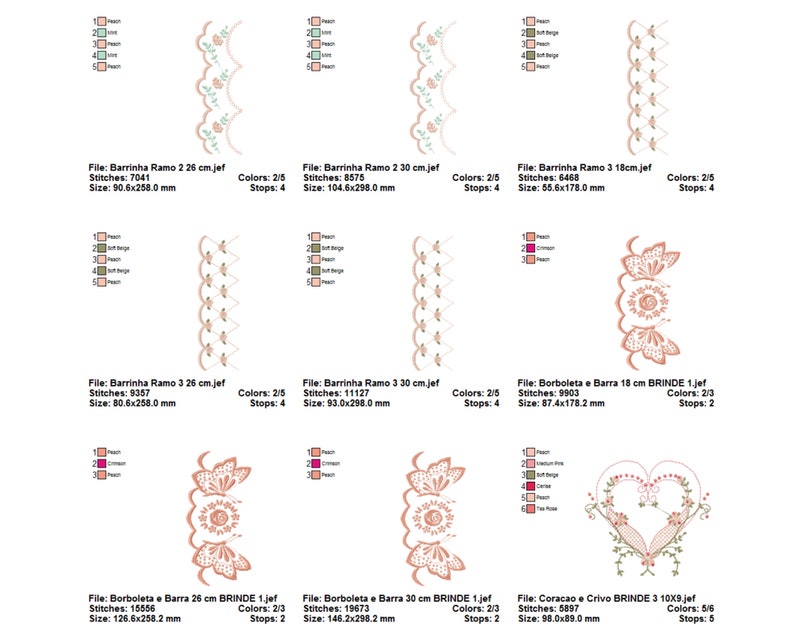 May include: A set of embroidery designs featuring floral and heart motifs. The designs are in shades of pink, peach, and beige. The designs are perfect for adding a touch of elegance to any project.
