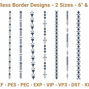 Puede incluir: La imagen muestra varios diseños de bordes azul oscuro con diversos patrones, incluyendo flechas, diamantes y elementos florales. El texto "Endless Border Designs - 2 Sizes - 6" & 10"" está en la parte superior. Abrevaturas de formatos de archivo abajo.