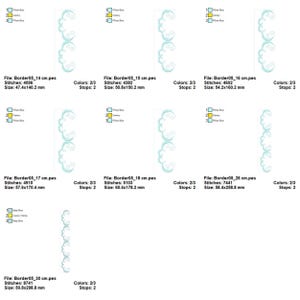 May include: A collection of machine embroidery designs featuring a repeating, stylized border pattern in shades of blue and yellow. Each design is labeled with file names and dimensions in millimeters, along with stitch counts and color information.