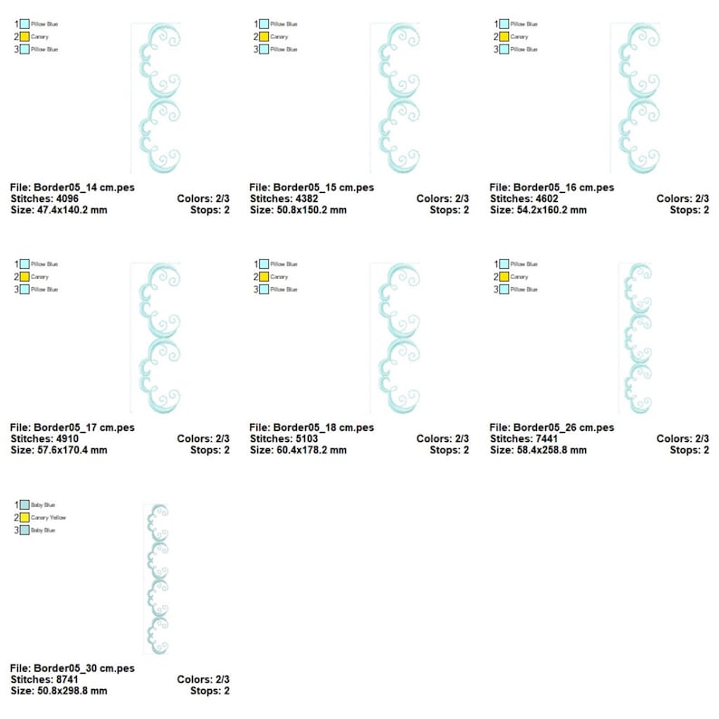 May include: A collection of machine embroidery designs featuring a repeating, stylized border pattern in shades of blue and yellow. Each design is labeled with file names and dimensions in millimeters, along with stitch counts and color information.