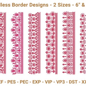 May include: Several pink embroidery border designs in different patterns. The designs are shown vertically and are available in two sizes: 15.24 cm and 25.4 cm. The text "Endless Border Designs" is at the top.