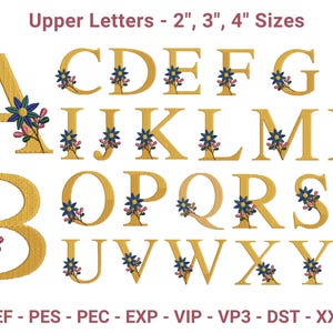 Elegante fuente floral serif para bordado (tamaños de 2", 3" y 4") / Letras clásicas con flores / Diseño de bordado a máquina A-Z