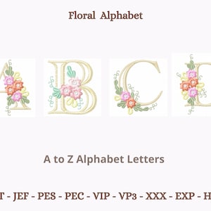 Diseños de bordado de alfabetos florales, diseño de bordado a máquina de fuentes, patrón de bordado de alfabeto de boda, descarga instantánea
