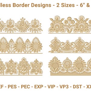May include: Tan-coloured embroidered border designs in various styles. The image shows six different designs, each with intricate floral and ornamental patterns. The text indicates two sizes: 15.24 cm and 25.4 cm.