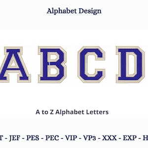 May include: A to Z alphabet letters in a varsity style font. The letters are blue with a white outline and a beige shadow. The letters are arranged in a row, starting with A and ending with D.
