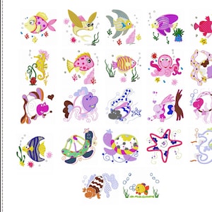 Disegni da ricamo con cartoni animati di pesci dell'oceano, simpatici disegni da ricamo a macchina con pesci dei cartoni animati, motivo da ricamo a forma di pesce, download immediato