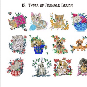 Animals embroidery designs, Floral Cat & Dog Machine Embroidery Design, Cute Dog embroidery pattern, Instant download
