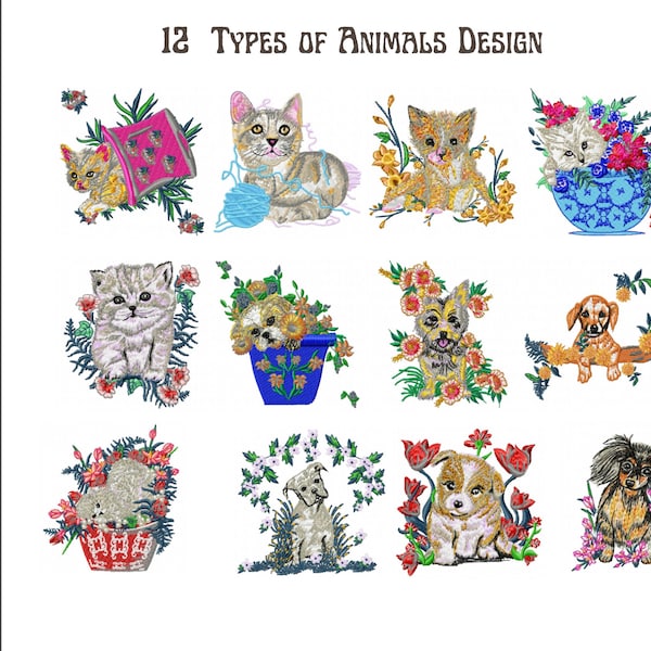 Animals embroidery designs, Floral Cat & Dog Machine Embroidery Design, Cute Dog embroidery pattern, Instant download