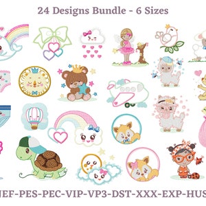 Könnte beinhalten: Ein Set mit 24 Stickdateien mit niedlichen Figuren und Objekten, darunter ein Narwal, ein Regenbogen, eine Wolke, eine Fee, ein Vogel, ein Schaf, eine Windel, ein Löwe, ein Bär, ein Flugzeug, ein Alpaka, ein Baby, eine Schildkröte, eine Blume und ein Fuchs. Die Designs sind in 6 Größen erhältlich. JEF-PES-PEC-VIP-VP3-DST-XXX-EXP-HUS.