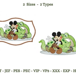 Micky Maus mit Dinosaurier Stickdatei, Micky Maus mit niedlichem Dinosaurier Stickdatei, Maschinenstickerei, 2 Größen, sofort download!