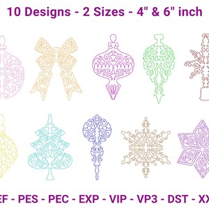 May include: Ten Christmas ornament designs, including a bow, tree, and snowflakes. Available in two sizes: 10 cm and 15 cm. The image also lists various file formats.