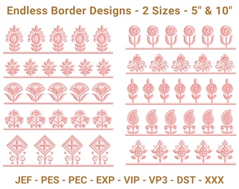 May include: Pink embroidery designs in various floral and geometric patterns. The image shows multiple border designs in two sizes, 12.7cm and 25.4cm, with the text "Endless Border Designs". The designs are for embroidery machines.
