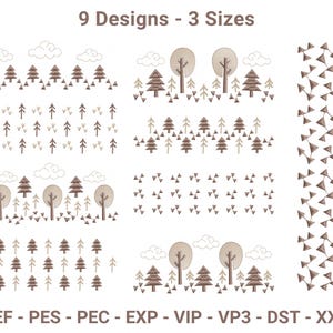May include: Nine embroidery designs in three sizes are displayed. The designs feature trees, clouds, and geometric shapes in shades of brown and beige. The image includes the text "9 Designs - 3 Sizes" and various file format abbreviations.