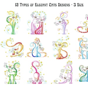 Elegante borduurontwerpen katten, machineborduurontwerp katten, 3 maten, Instant download