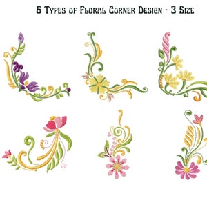 Peut inclure: Six motifs de coins floraux différents en trois tailles. Les motifs présentent une variété de fleurs et de feuilles dans des tons de rose, jaune, vert et violet.