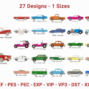 May include: A collection of 27 vintage car embroidery designs, including a 1958 Ford Crown Victoria, a 1964 Corvair, a 1974 Chevy Nova, a 1949 Chevy Truck, and a 1968 Dodge Charger. The designs are in various colours and styles, and are perfect for embroidery projects.
