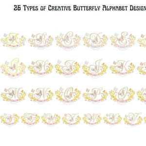 May include: 26 different alphabet letters in a decorative font with a butterfly and floral design. The letters are in gold with pink and white flowers and butterflies.