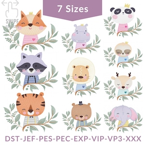 May include: A collection of embroidered animal designs, including a fox, panda, raccoon, lion, tiger, bear, deer, hippo, sloth, and elephant. Each animal is surrounded by a green leafy wreath and wears a striped shirt. The text "7 Sizes" is displayed at the top.