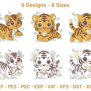 Pode incluir: Uma imagem com seis designs adoráveis de filhotes de tigre em várias poses. Os filhotes têm listras laranja e pretas ou brancas e pretas, olhos grandes e expressões fofas. O texto "6 Designs - 8 Sizes" está no topo, com formatos de arquivo listados na parte inferior.