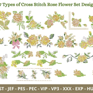 Cross Stitch Rose Flower Set Embroidery Design - Machine Embroidery Pattern - 17 Types - Instant Download