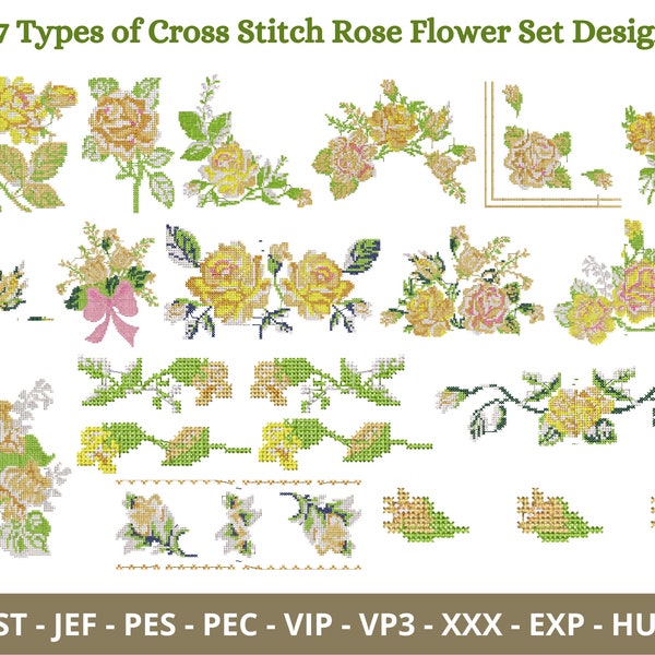 Cross Stitch Rose Flower Set Embroidery Design - Machine Embroidery Pattern - 17 Types - Instant Download