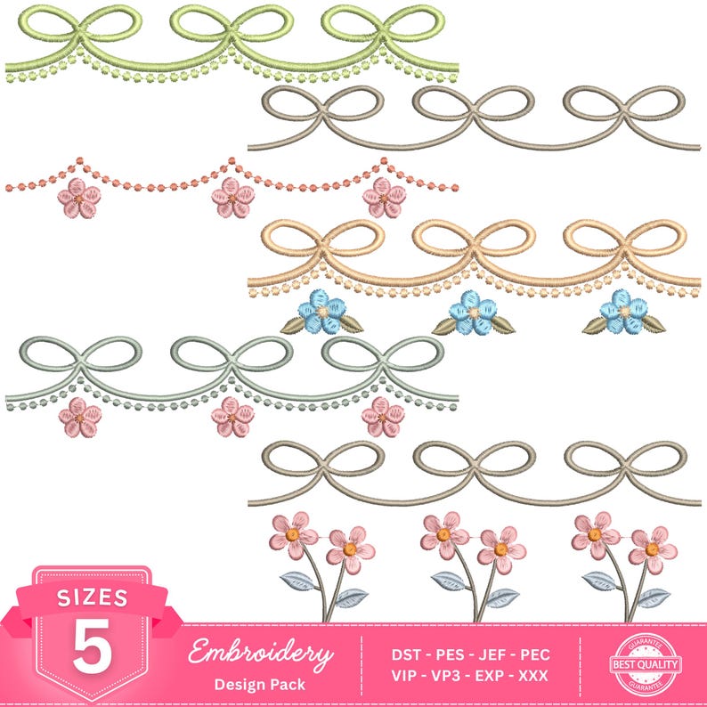 Ribbon Bow and Floral Border Machine Embroidery Design Pack, Nursery ...