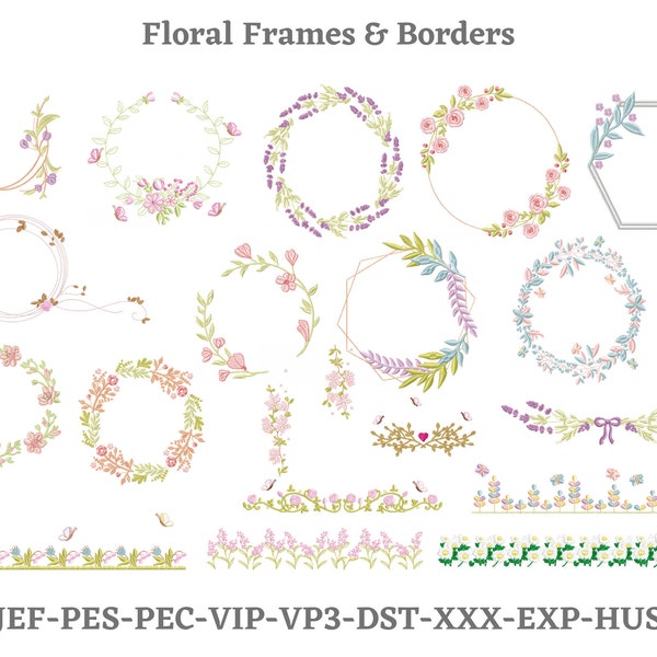 Cadres floraux et bordures - 3 tailles - motifs de broderie - téléchargement immédiat