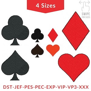Pode incluir: Imagem com os naipes de cartas de jogar: paus, espadas, ouros e copas. Os paus e espadas são pretos, os ouros são vermelhos e os corações são vermelhos. A imagem também inclui o texto "4 Sizes" e "SWIPE FOR SIZES".