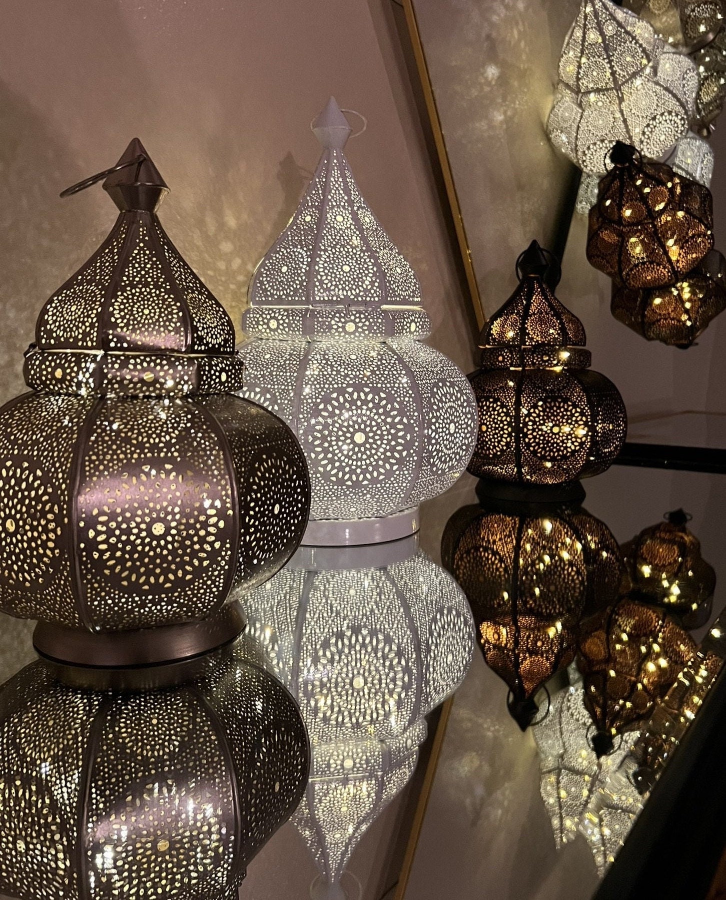 Lamplust Moroccan Lantern Decorative, 17 inch Large Lantern for Home Decor, Black and Gold Moroccan Decor, LED Fairy Lights Included, Star Candle