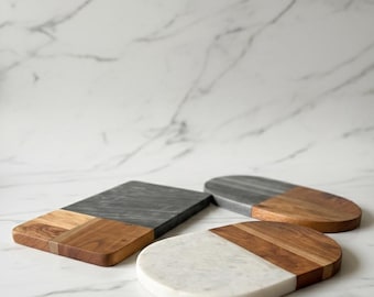 Handmade Marble & Acacia Wood Charcuterie Board | Artisan Chopping Board | Modern Stone and Wood Serving Board | Kitchen Gift