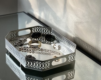 Sliver Mirror Tray with Intricate Border Mothers Day Gift Trinket vanity Tray for Organization Coffee Table Centerpiece Decor