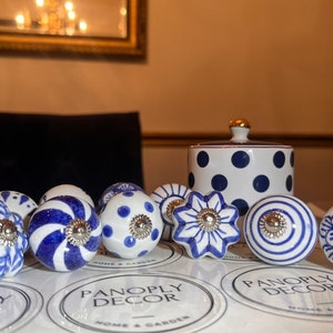 Drawer Knobs | Vintage Style Hand Painted Ceramic Knobs, Blue Floral Set of 10