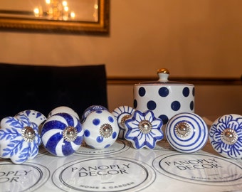 Drawer Knobs | Vintage Style Hand Painted Ceramic Knobs, Blue Floral Set of 10