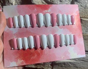 PINK&WHITE NAILS | Soft Gel | Handmade press on nails | Fake Nails | Almond Medium