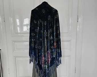 Vintage 1990s Blue Velvet and Pearl Peacock Shawl Scarf
