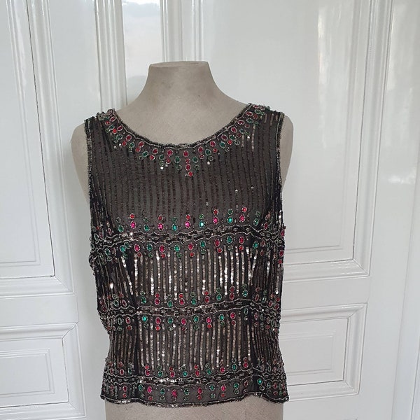 Vintage Bluse mit Pailletten/Sequins im 1920er Jahre Stil, Flapper, mit Glitzersteinen bestickt