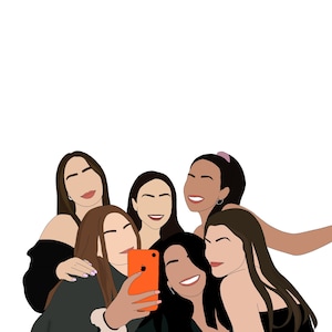 Pu&ograve; includere: Illustrazione di sei persone che scattano un selfie con un telefono arancione. Il gruppo sorride e si abbraccia. L'immagine ha uno stile minimalista con colori pieni e senza tratti del viso.