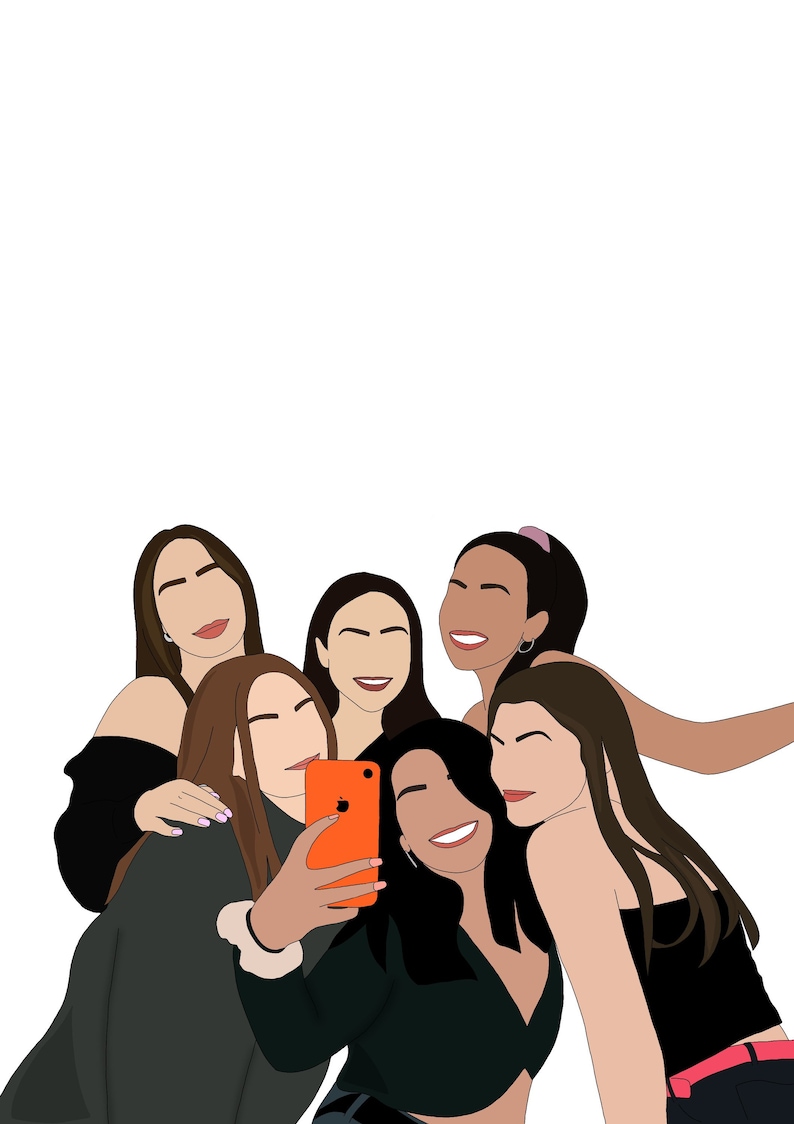 Pu&ograve; includere: Illustrazione di sei persone che scattano un selfie con un telefono arancione. Il gruppo sorride e si abbraccia. L'immagine ha uno stile minimalista con colori pieni e senza tratti del viso.
