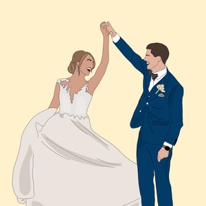 Pu&ograve; includere: Illustrazione di una coppia che balla il giorno del loro matrimonio. La sposa indossa un abito da sposa bianco con corpetto in pizzo. Lo sposo &egrave; in abito blu con papillon nero. Si tengono per mano e sorridono.