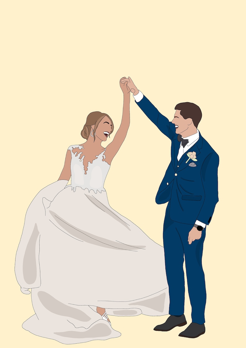 Pu&ograve; includere: Illustrazione di una coppia che balla il giorno del loro matrimonio. La sposa indossa un abito da sposa bianco con corpetto in pizzo. Lo sposo &egrave; in abito blu con papillon nero. Si tengono per mano e sorridono.
